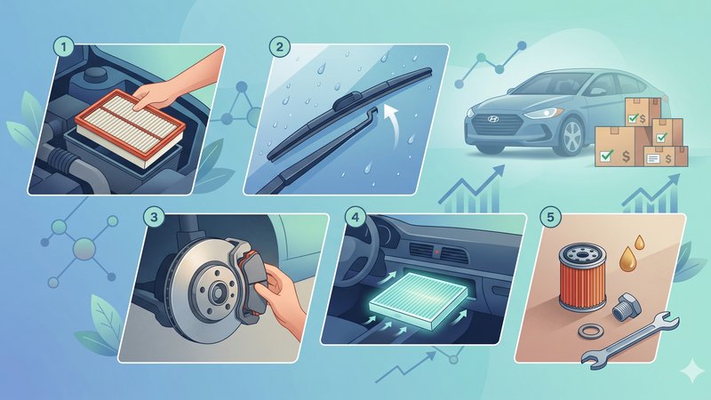 Современная иллюстрация набора запчастей для автомобилей Hyundai для статьи о выборе бюджетных аналогов